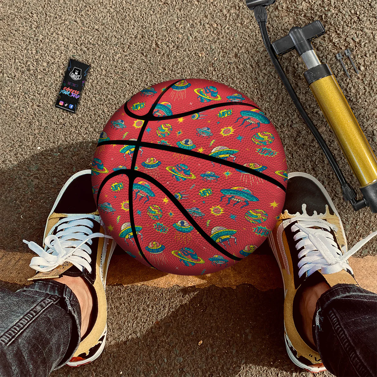 Red And Colorful UFO Print Pattern Basketball - Image 2