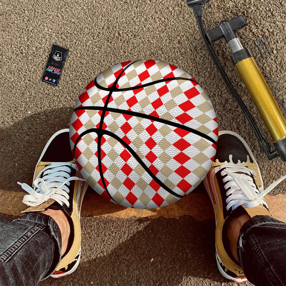 Red Beige And White Argyle Print Pattern Basketball - Image 2