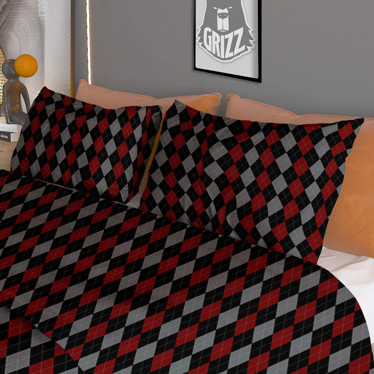 Red Black And Grey Argyle Print Pattern Duvet Cover Bedding Set - Image 3