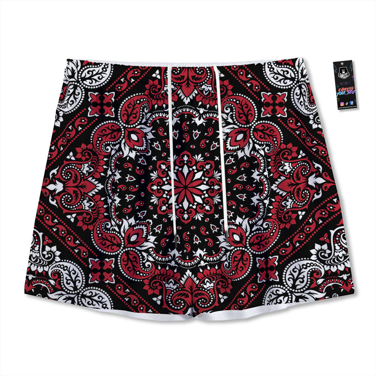 Red Black Bandana Paisley Print Mesh Shorts