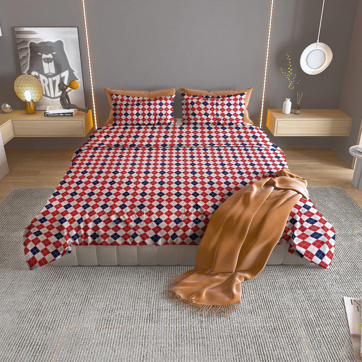 Red Blue And White Argyle Print Pattern Duvet Cover Bedding Set