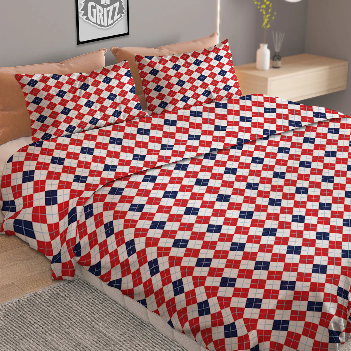 Red Blue And White Argyle Print Pattern Duvet Cover Bedding Set - Image 2