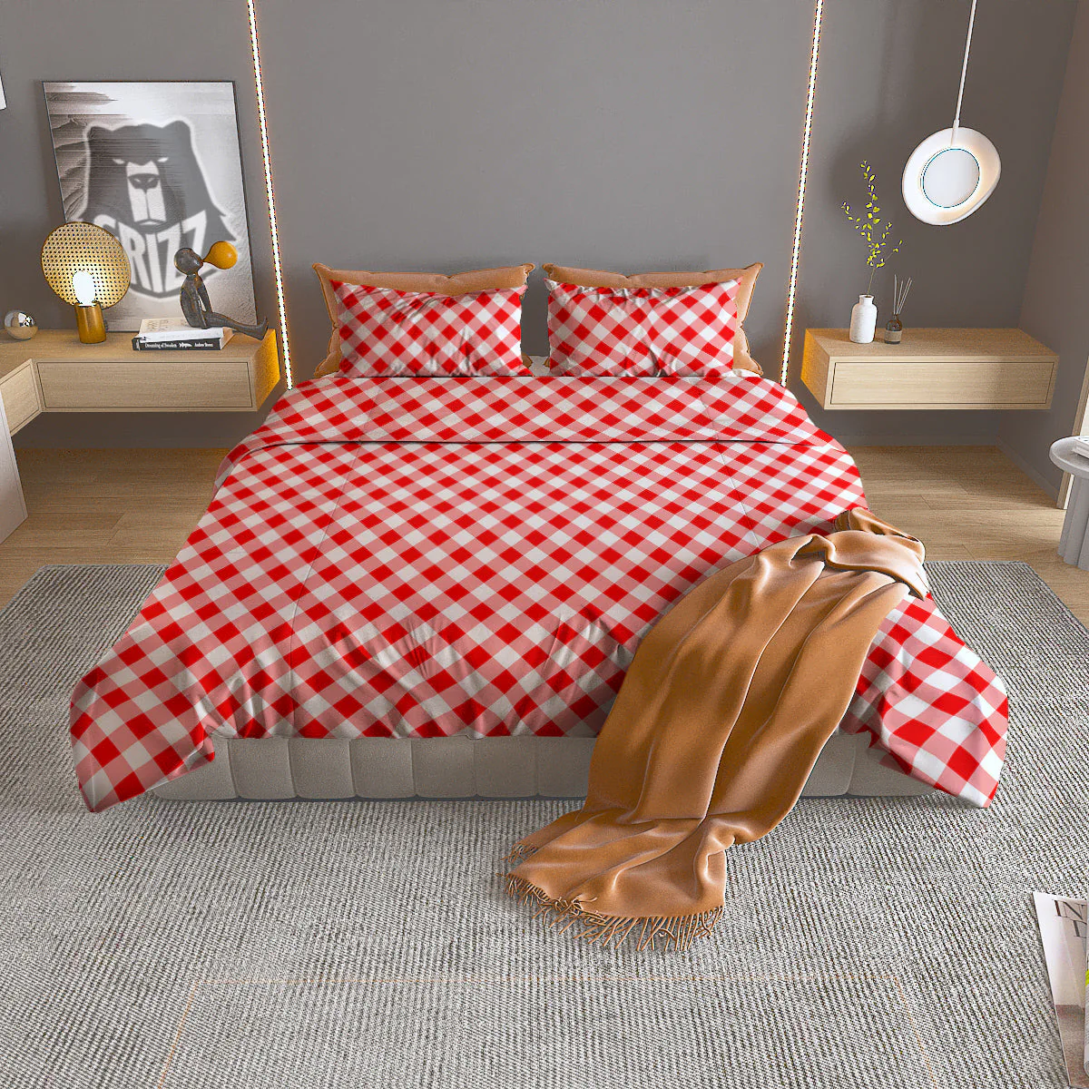 Red Cardinal And White Gingham Print Duvet Cover Bedding Set