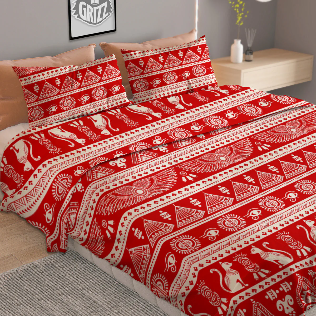 Red Egypt Symbol Print Pattern Duvet Cover Bedding Set - Image 2