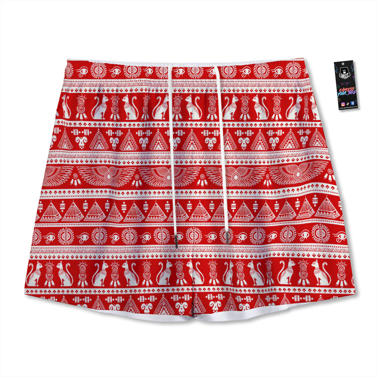Red Egypt Symbol Print Pattern Mesh Shorts