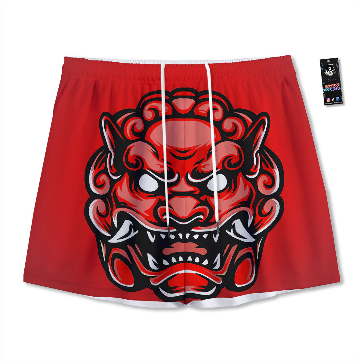 Red Foo Dog Print Mesh Shorts