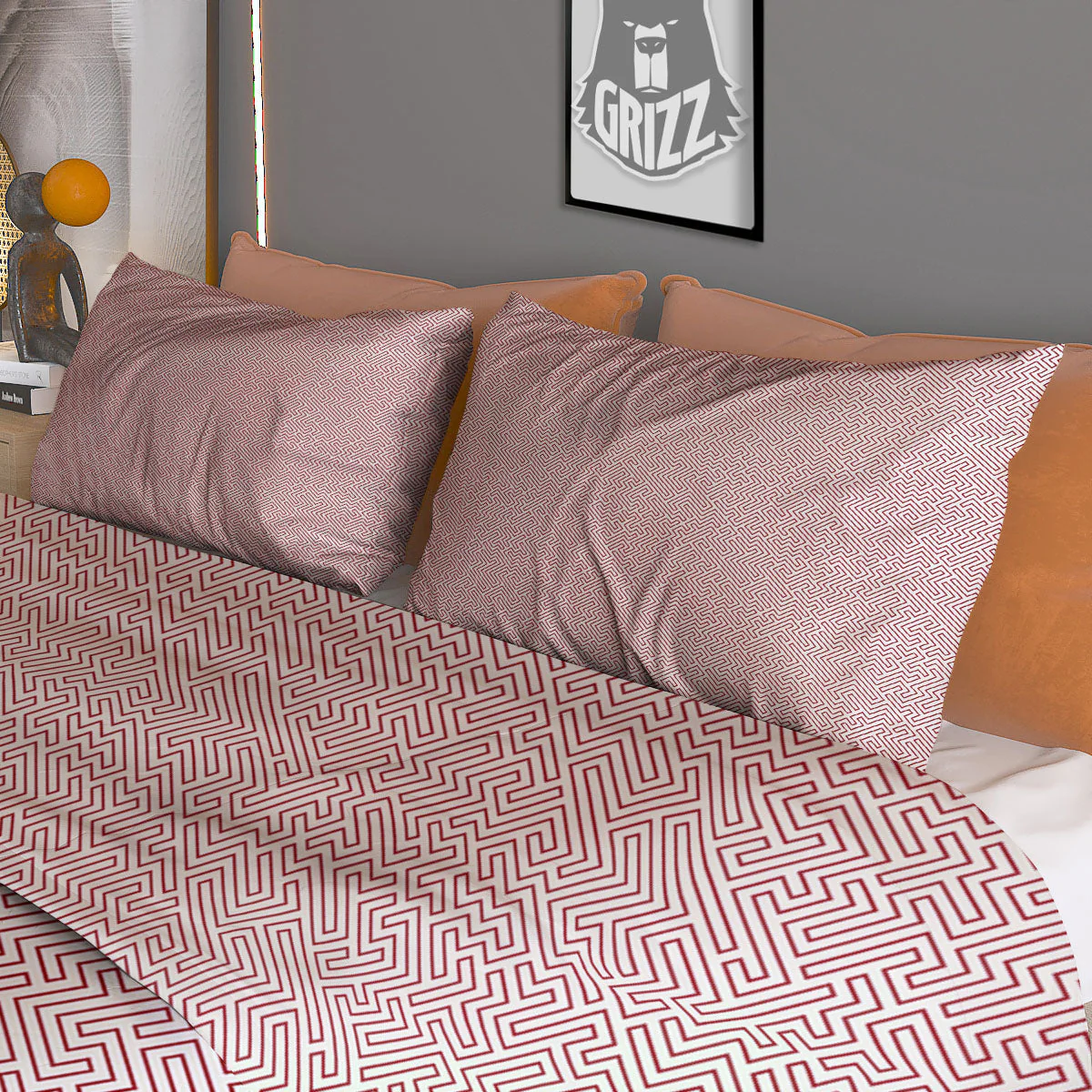 Red Geometric Maze Print Duvet Cover Bedding Set - Image 3