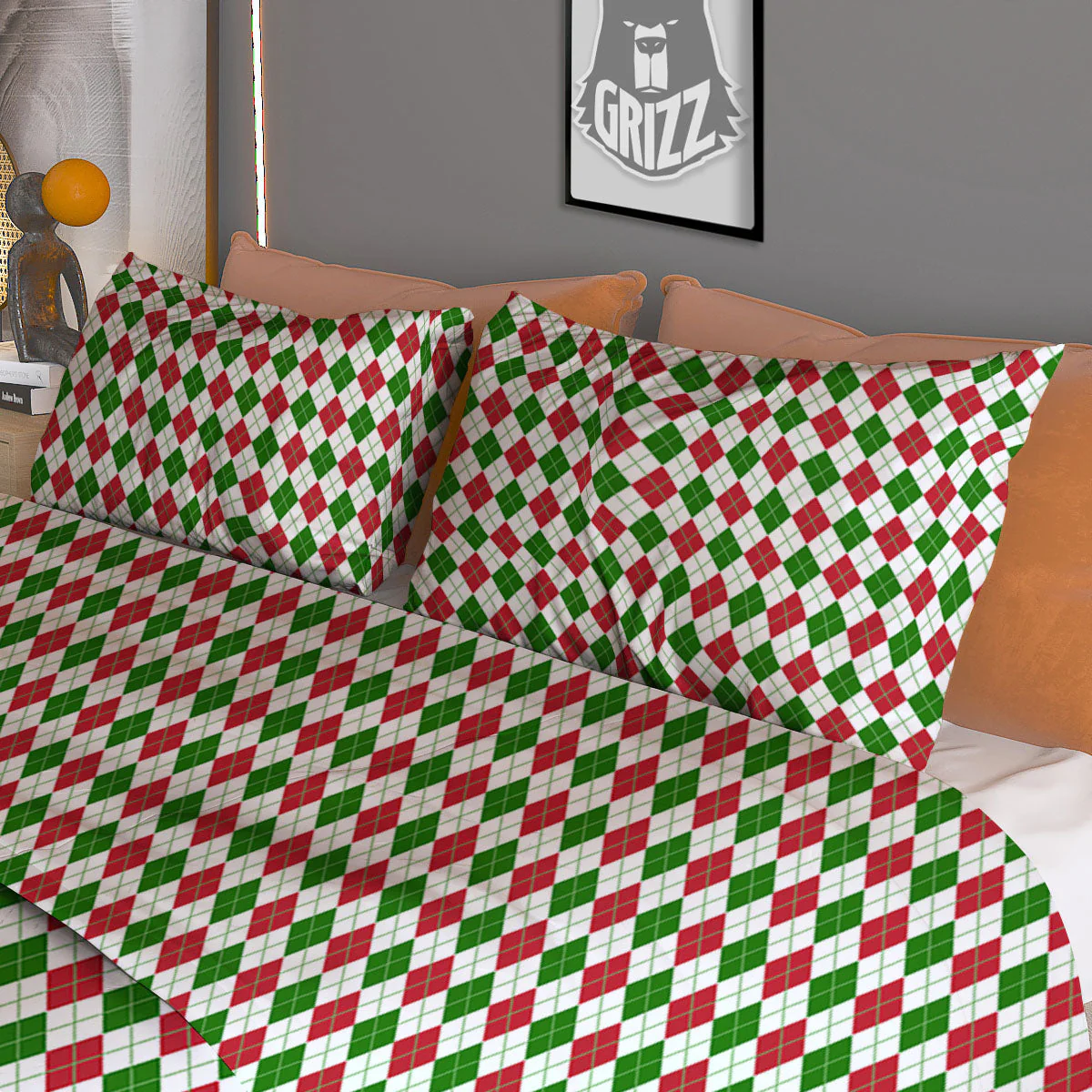 Red Green And White Argyle Print Pattern Duvet Cover Bedding Set - Image 3