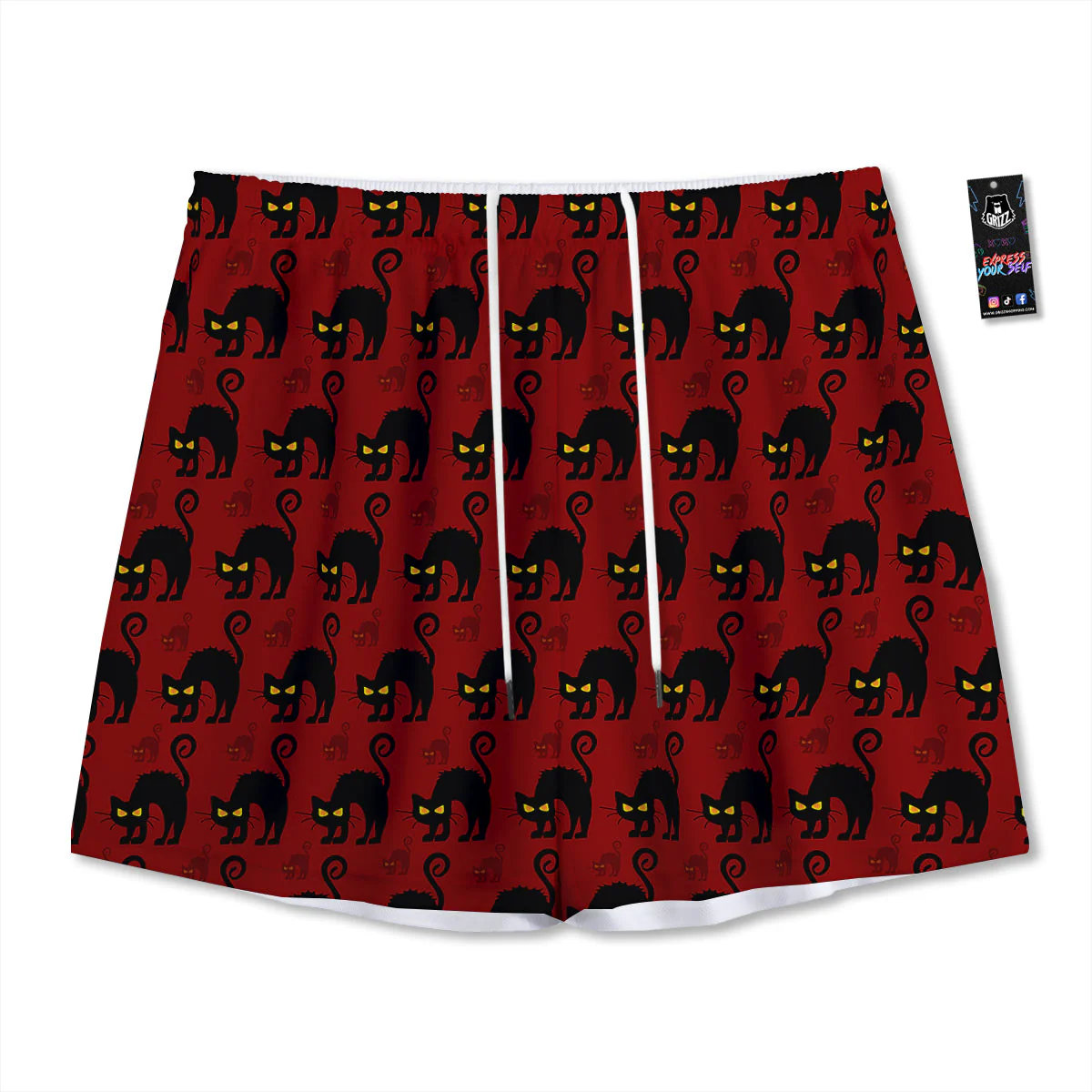 Red Halloween Cat Print Pattern Mesh Shorts