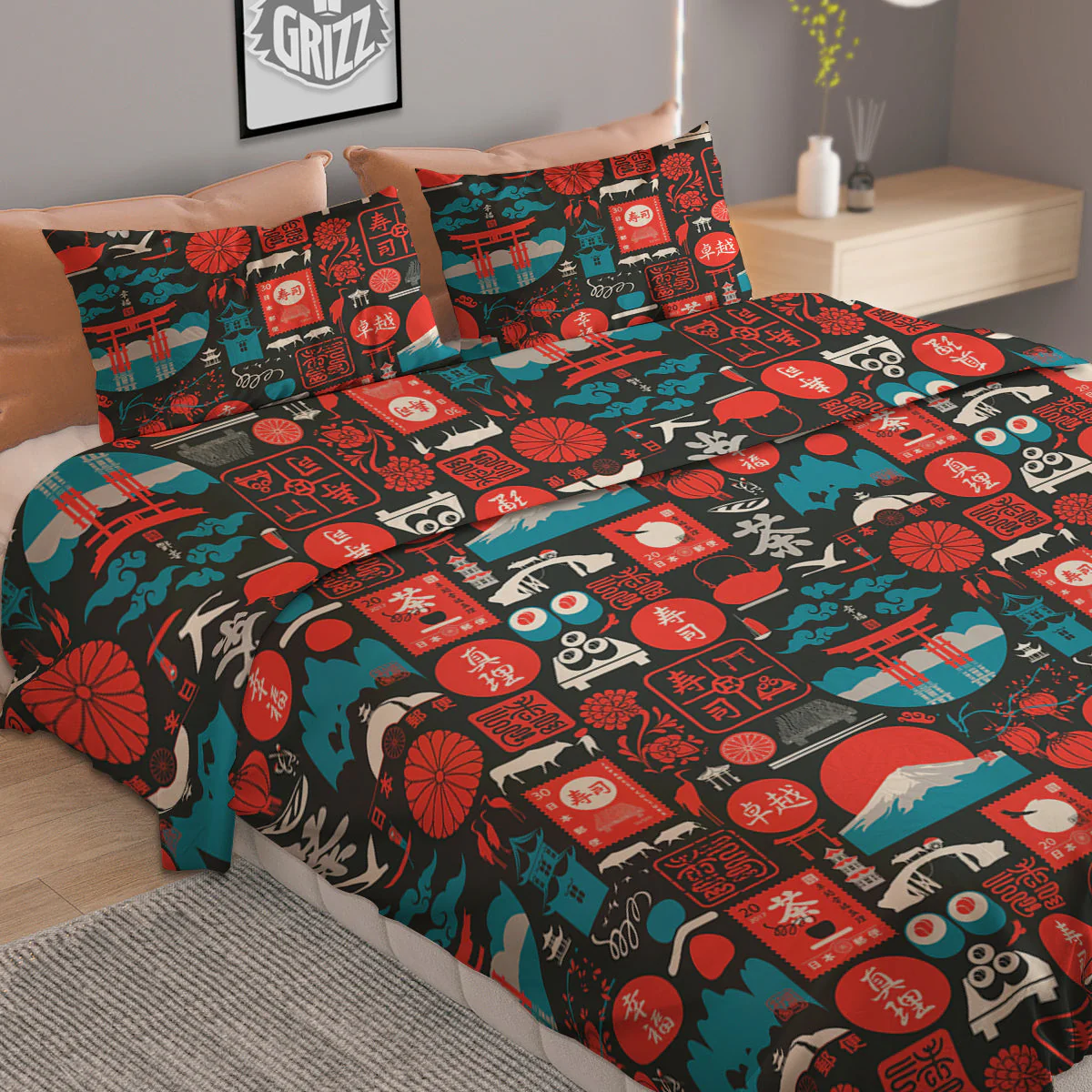 Red Japanese Characters Print Pattern Duvet Cover Bedding Set - Image 2