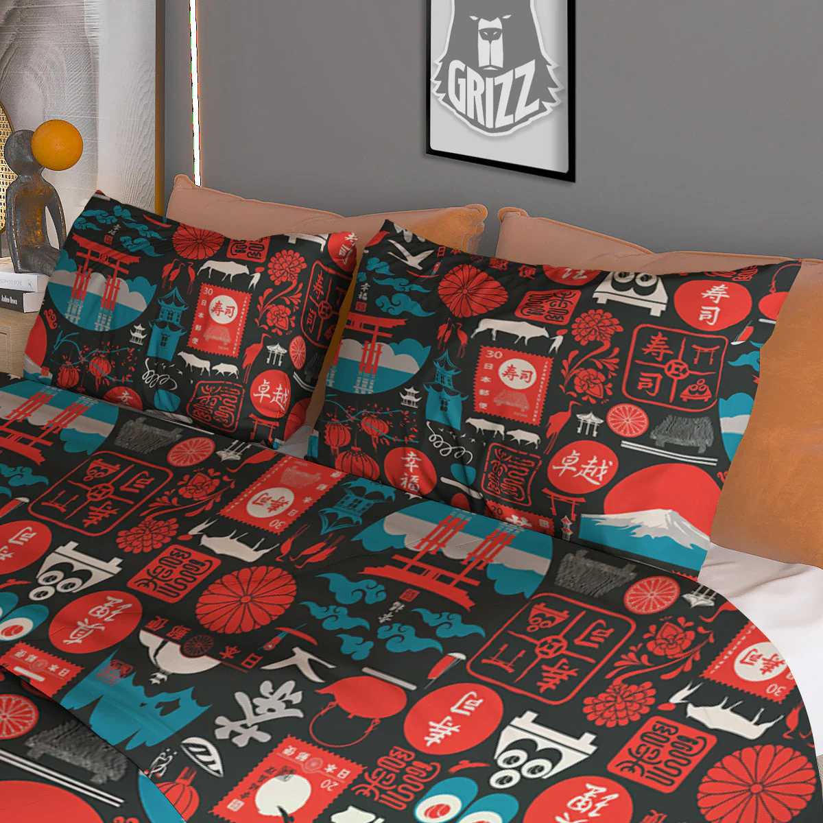 Red Japanese Characters Print Pattern Duvet Cover Bedding Set - Image 3