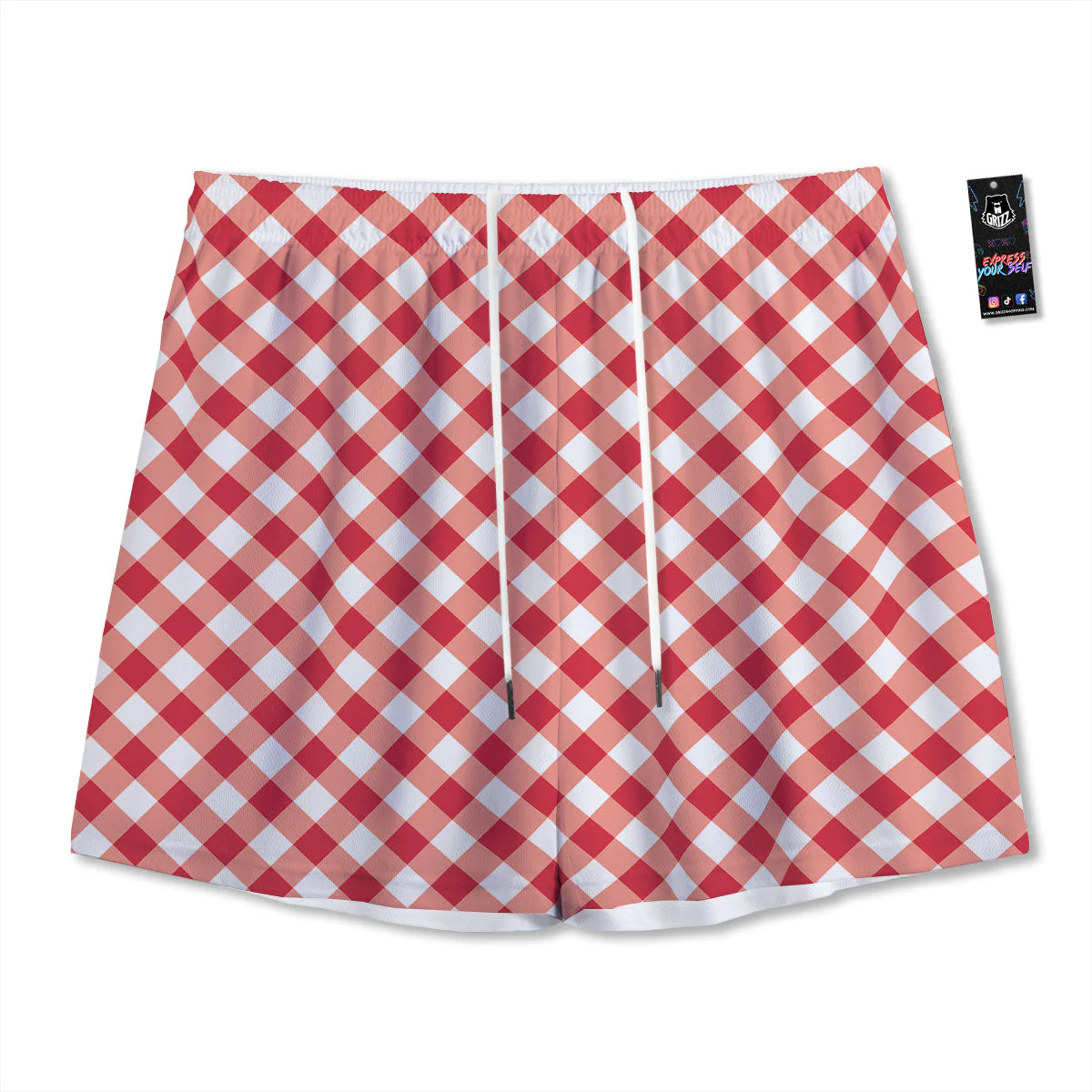Red Lava And White Gingham Print Mesh Shorts