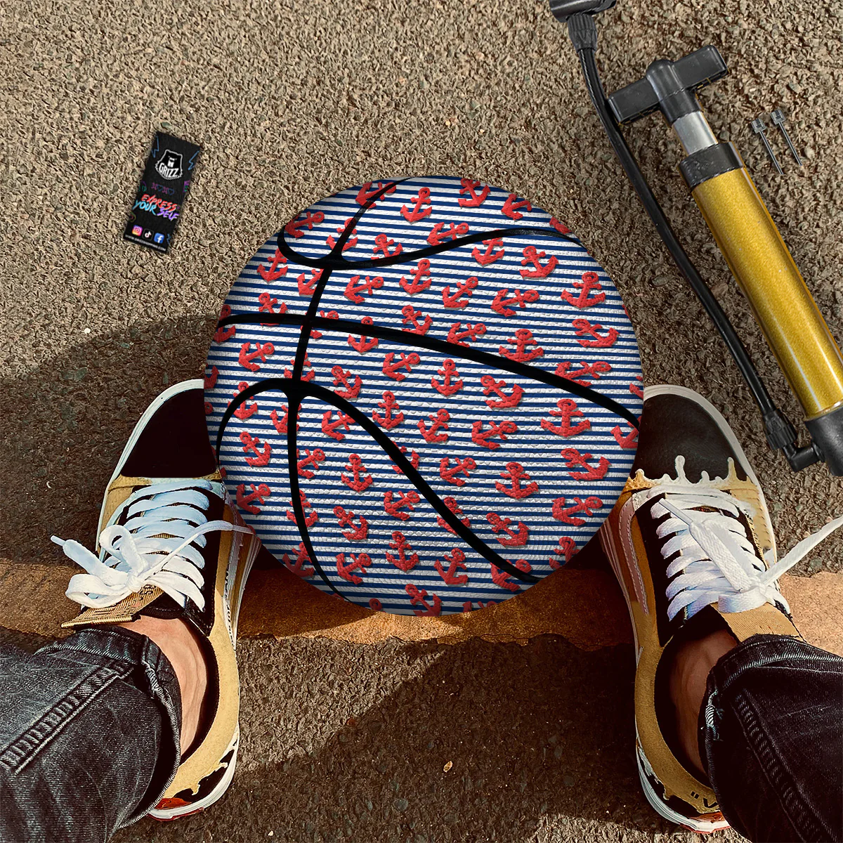 Red Nautical Anchor Blue Striped Print Basketball - Image 2