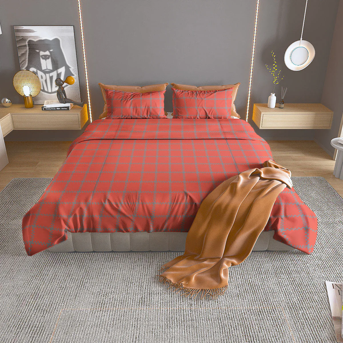 Red Pastel And Grey Tattersall Print Duvet Cover Bedding Set