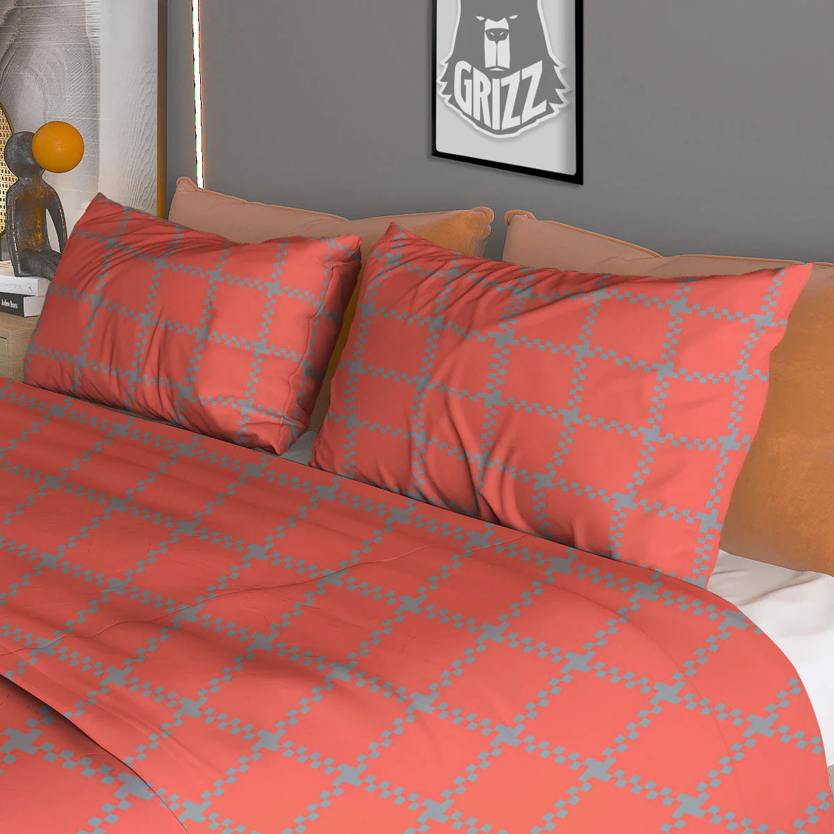 Red Pastel And Grey Tattersall Print Duvet Cover Bedding Set - Image 3