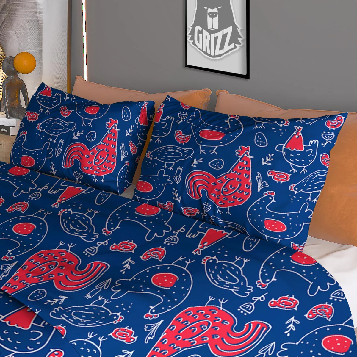 Red Rooster Blue Print Pattern Duvet Cover Bedding Set - Image 3