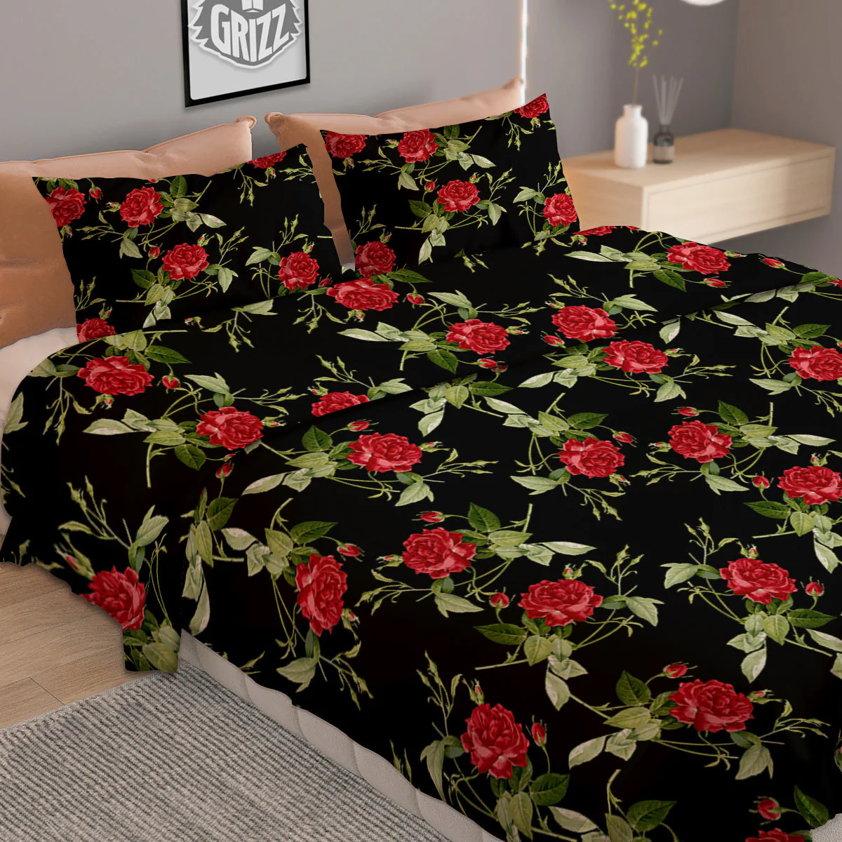 Red Rose Flowers Print Pattern Duvet Cover Bedding Set - Image 2