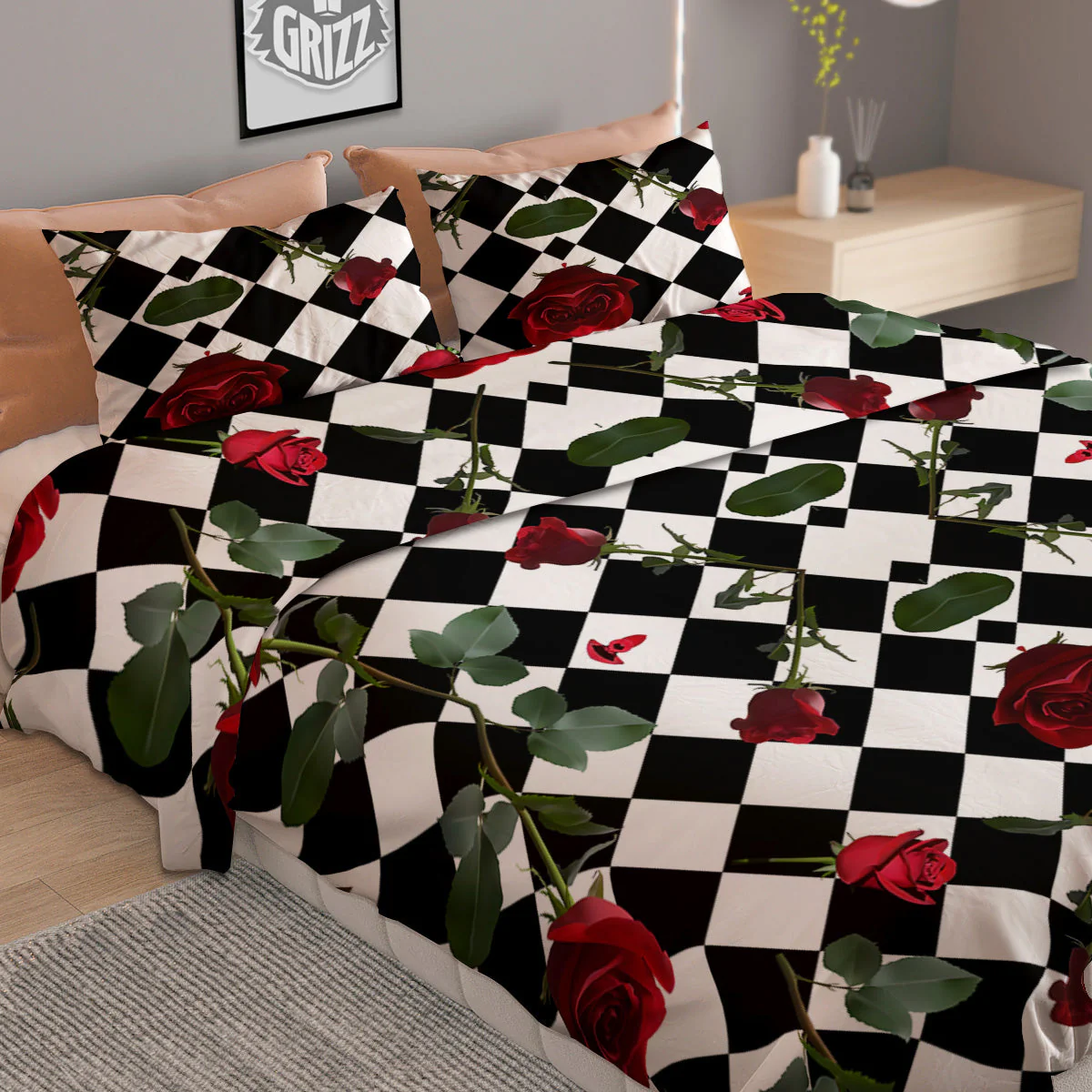 Red Roses And Argyle Print Pattern Duvet Cover Bedding Set - Image 2