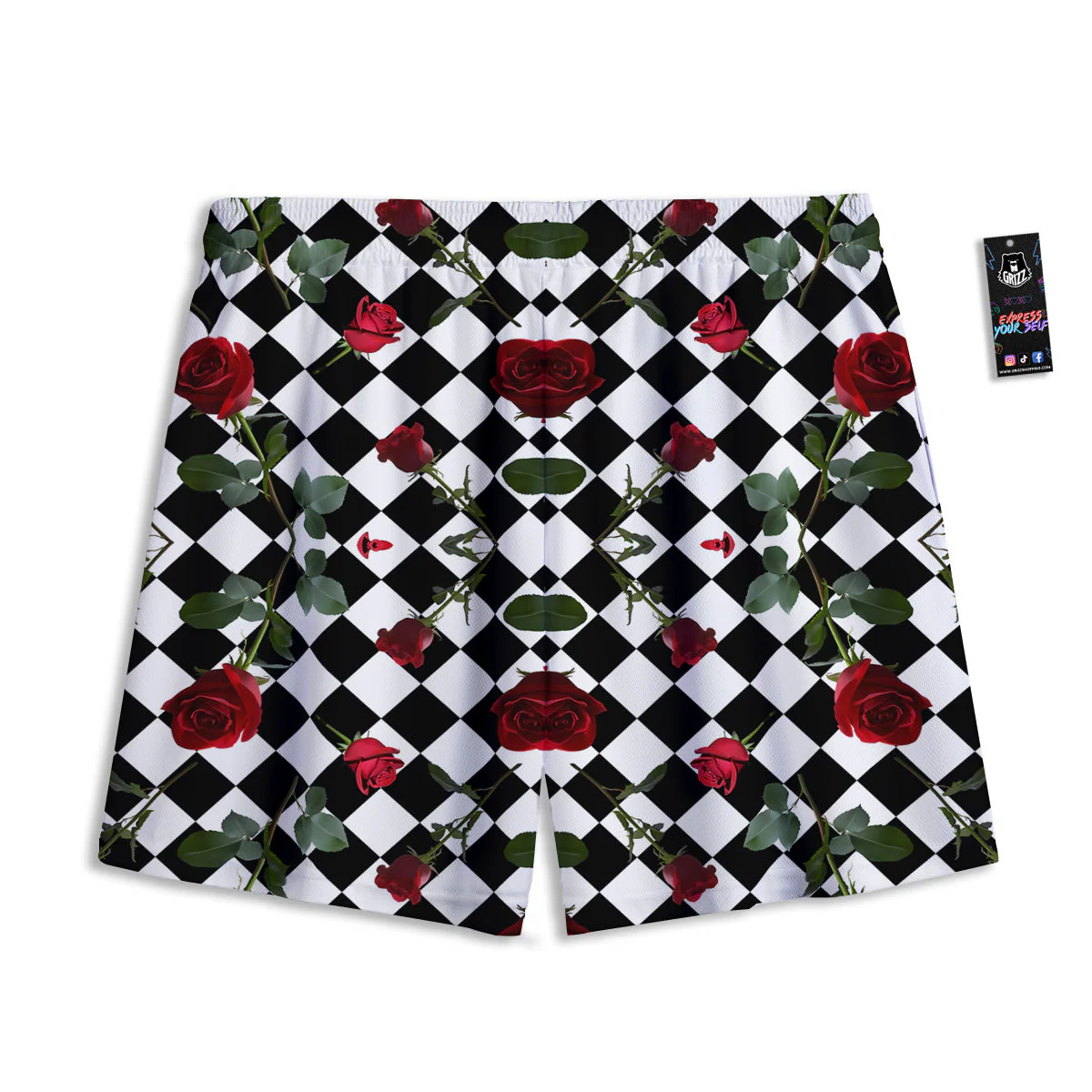 Red Roses And Argyle Print Pattern Mesh Shorts - Image 2