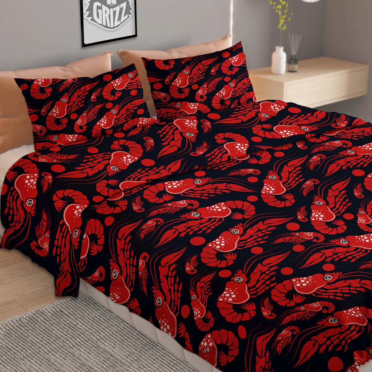 Red Shrimps Print Pattern Duvet Cover Bedding Set - Image 2