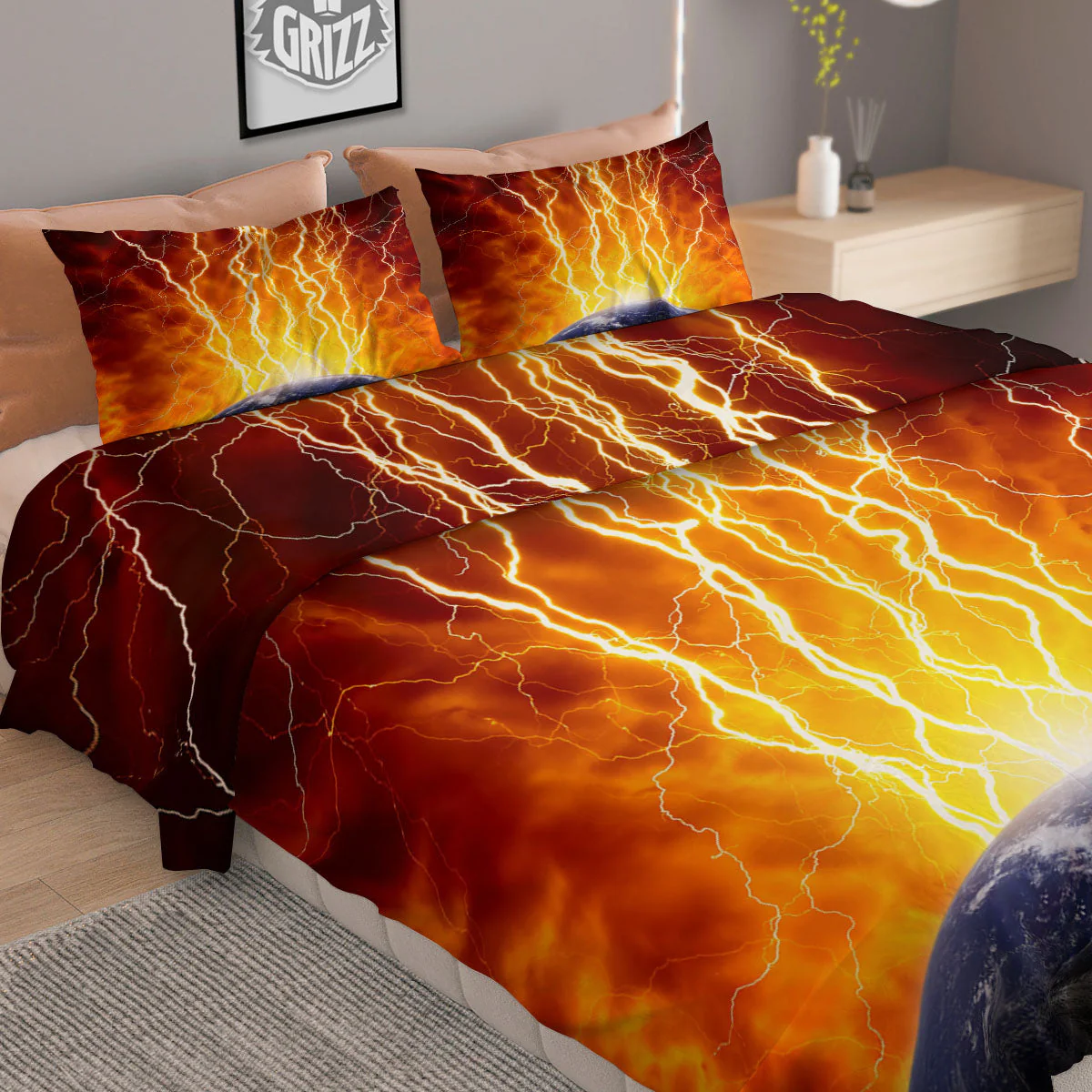 Red Sky With Lightnings Print Duvet Cover Bedding Set - Image 2