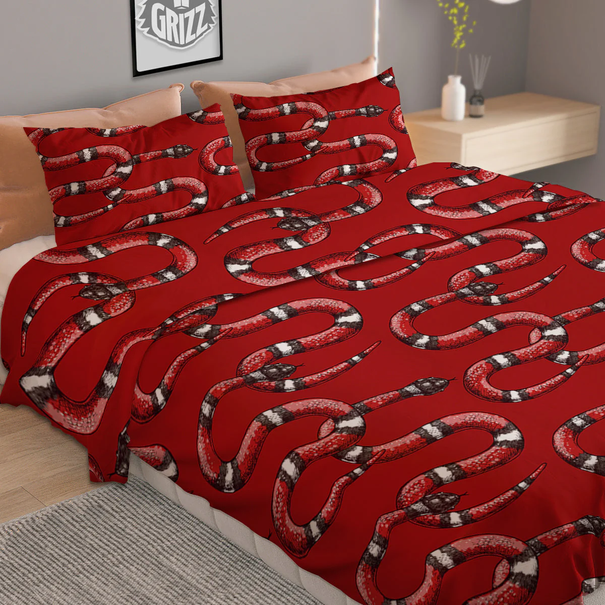 Red Snake Drawing Color Print Pattern Duvet Cover Bedding Set - Image 2