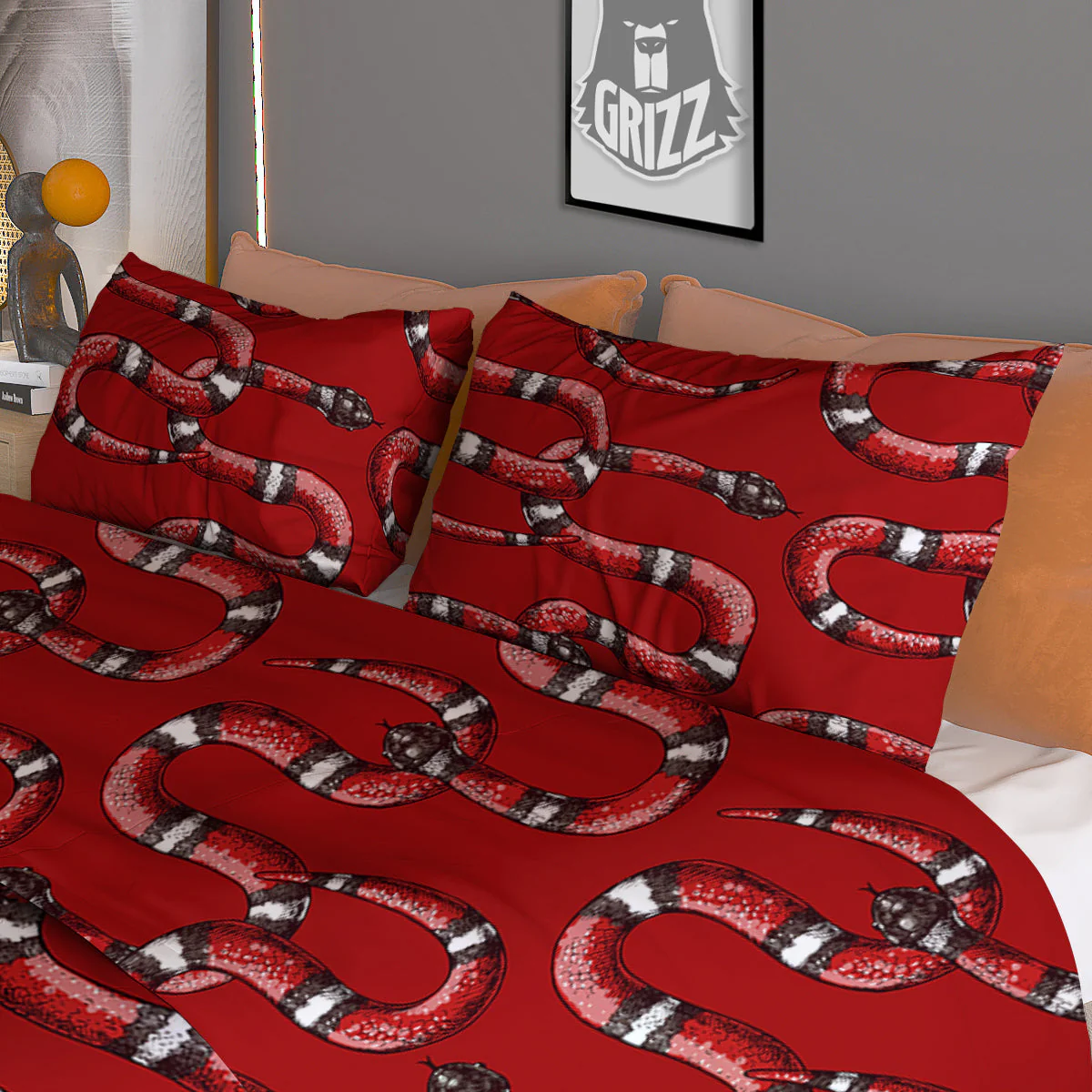 Red Snake Drawing Color Print Pattern Duvet Cover Bedding Set - Image 3