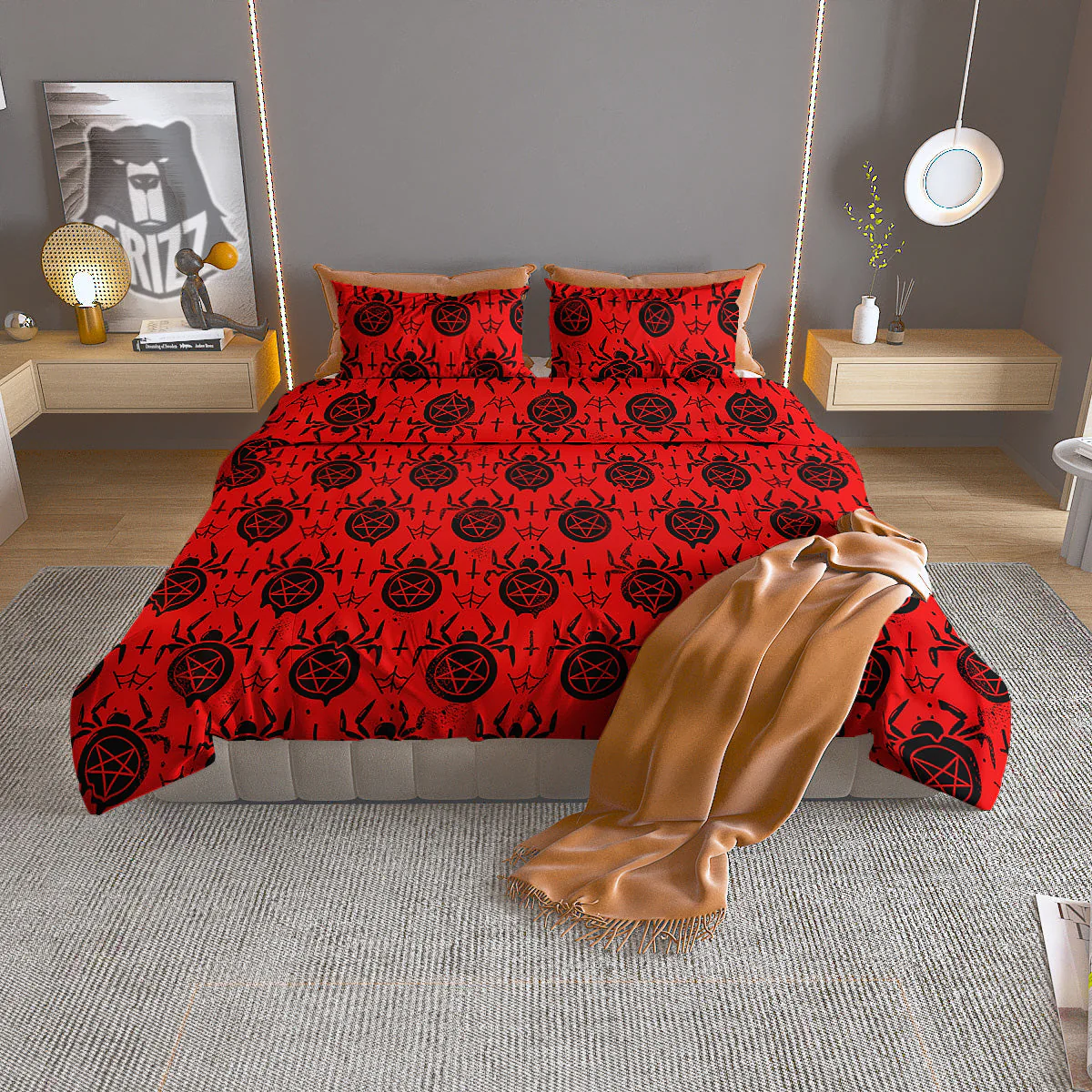Red Spider Pentagram Print Pattern Duvet Cover Bedding Set