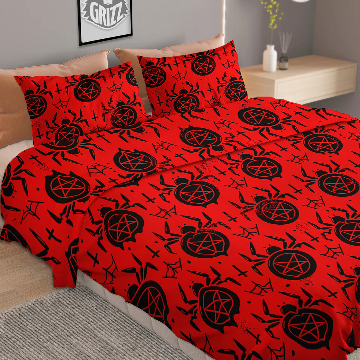 Red Spider Pentagram Print Pattern Duvet Cover Bedding Set - Image 2