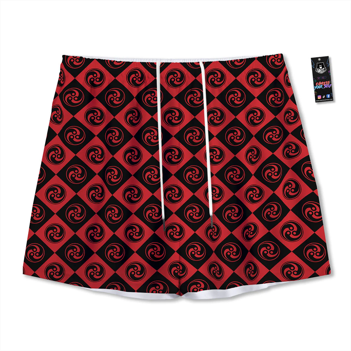 Red Tomoe Print Pattern Mesh Shorts