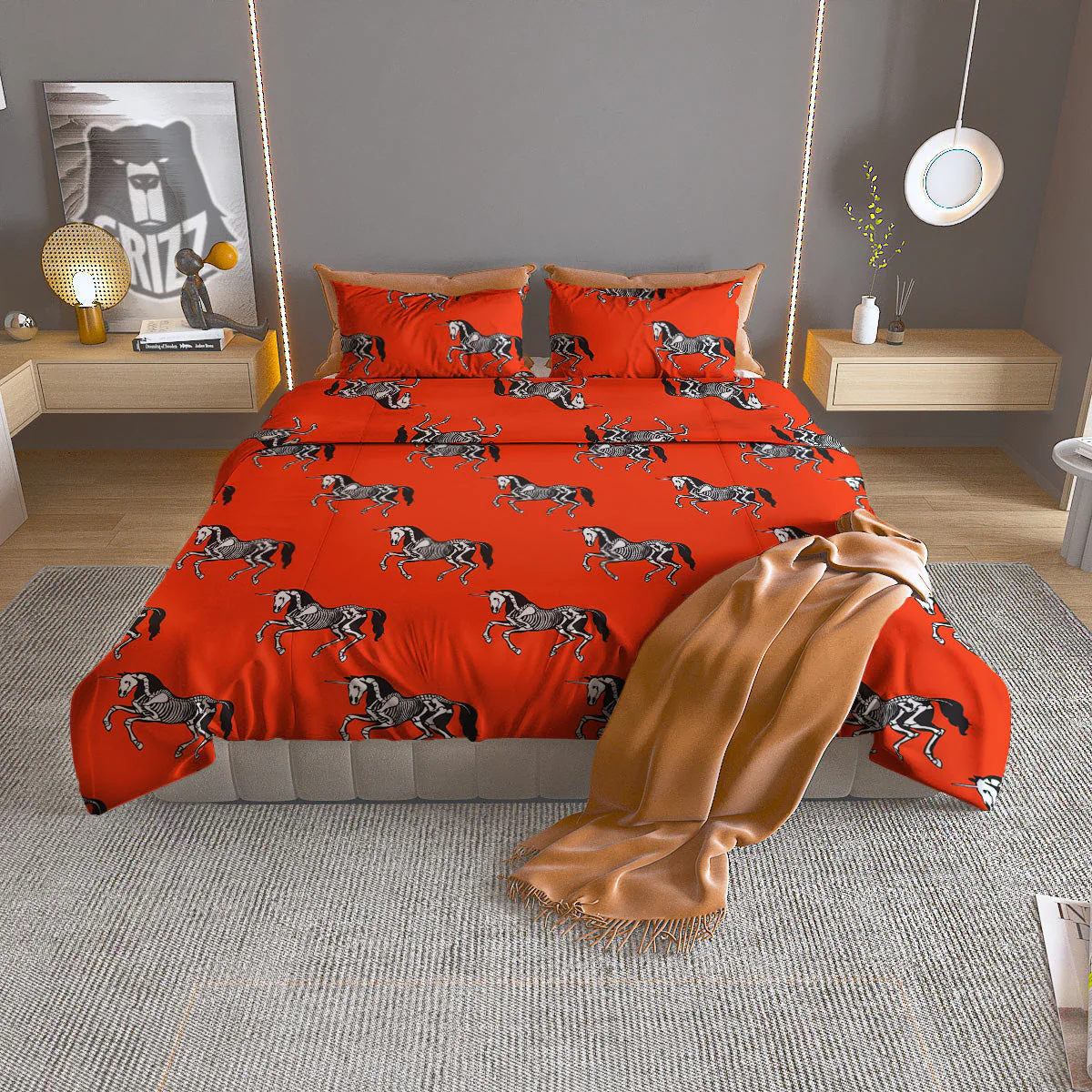 Red Unicorn Skeleton Print Pattern Duvet Cover Bedding Set