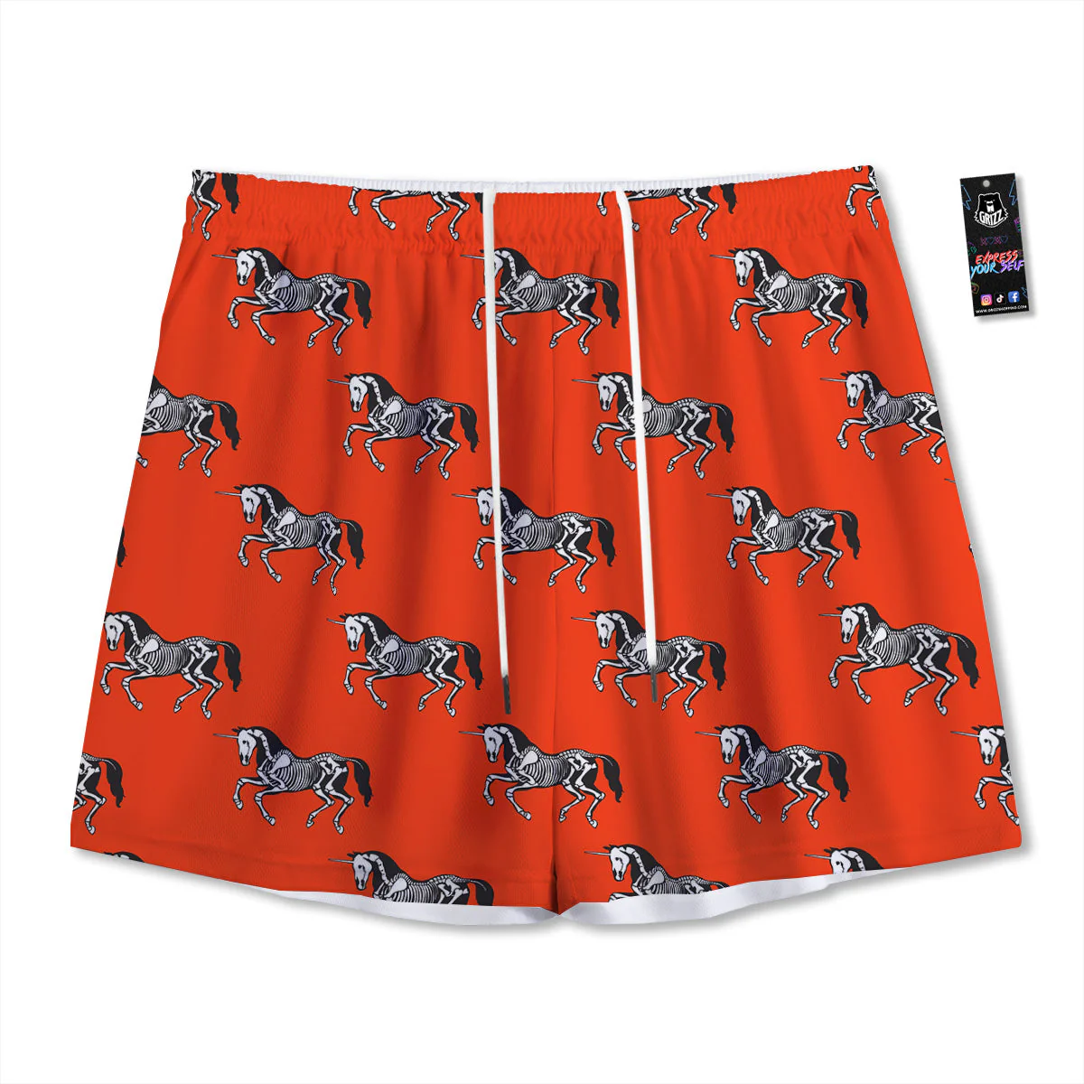 Red Unicorn Skeleton Print Pattern Mesh Shorts