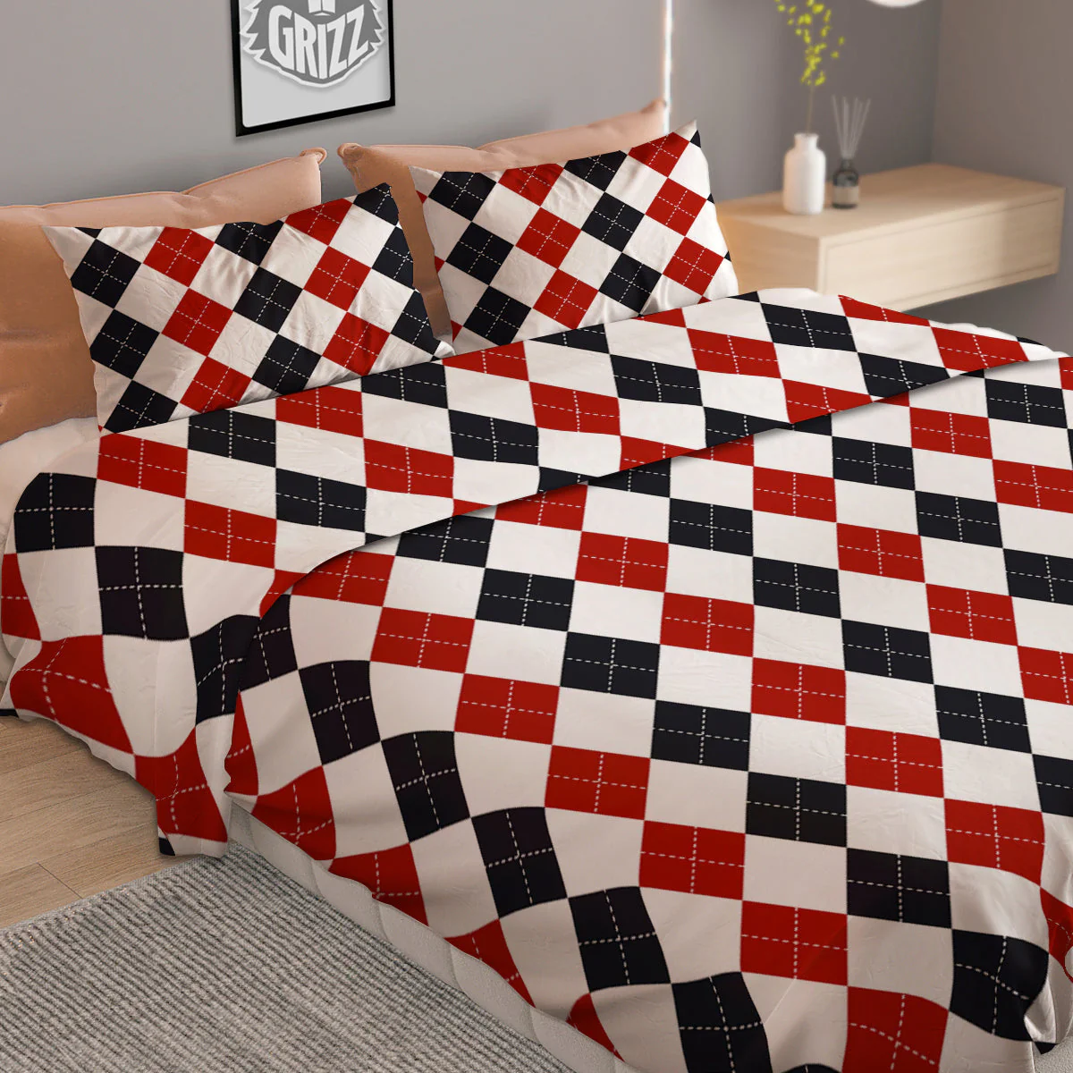 Red White And Black Argyle Print Pattern Duvet Cover Bedding Set - Image 2