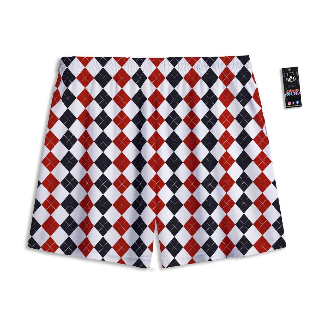 Red White And Black Argyle Print Pattern Mesh Shorts - Image 2