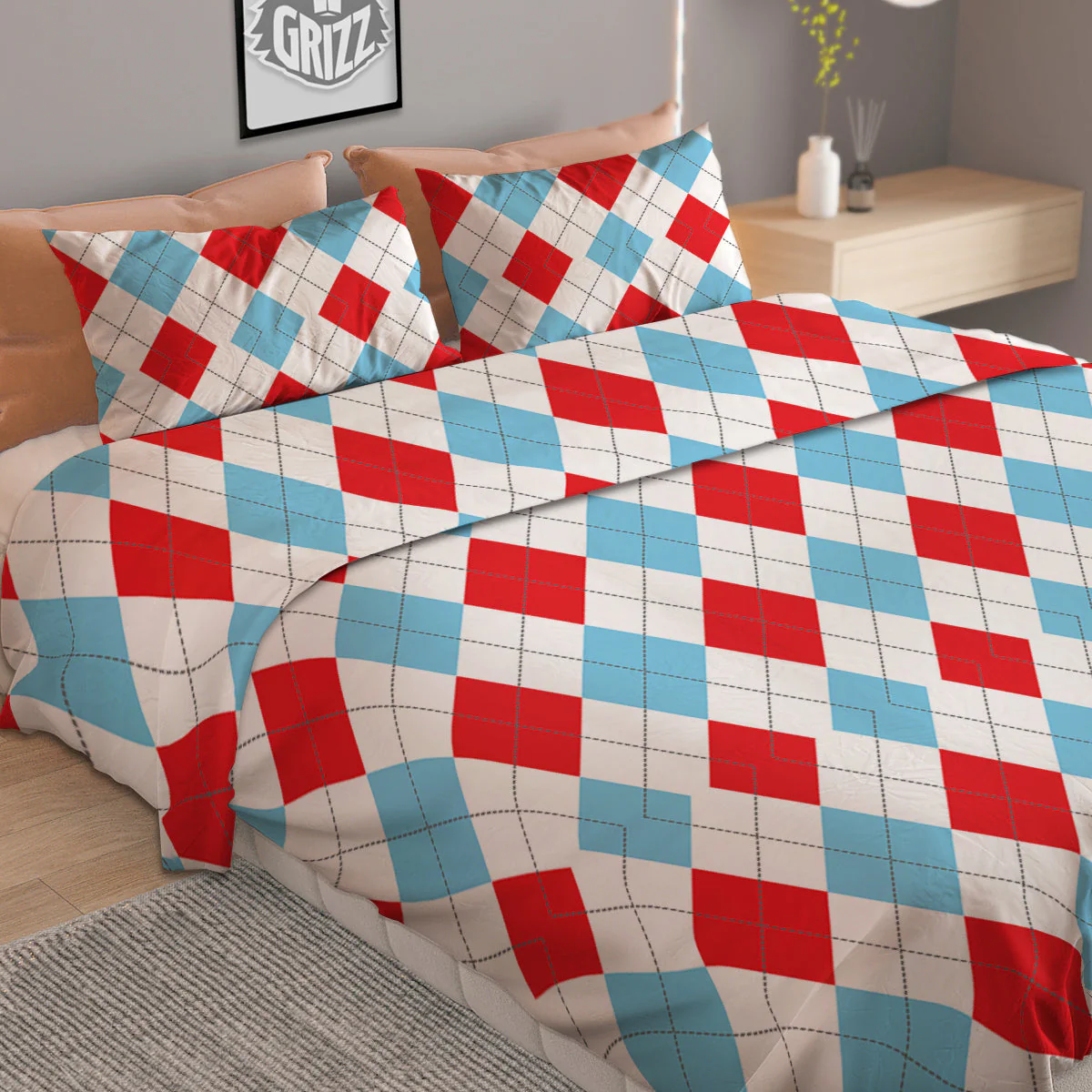 Red White And Blue Argyle Print Pattern Duvet Cover Bedding Set - Image 2