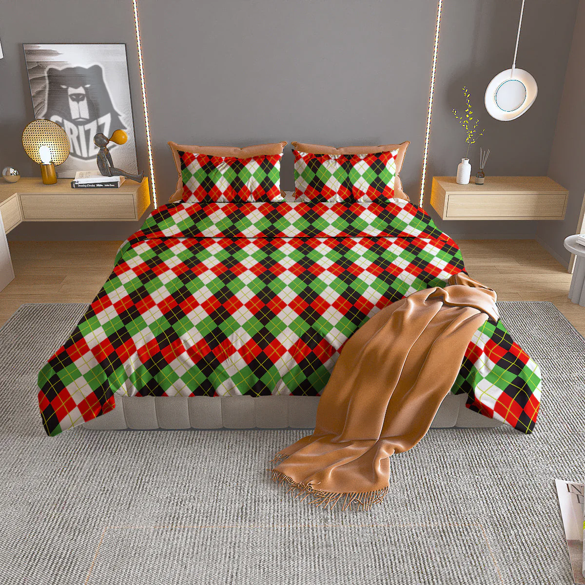 Red White And Green Argyle Print Pattern Duvet Cover Bedding Set