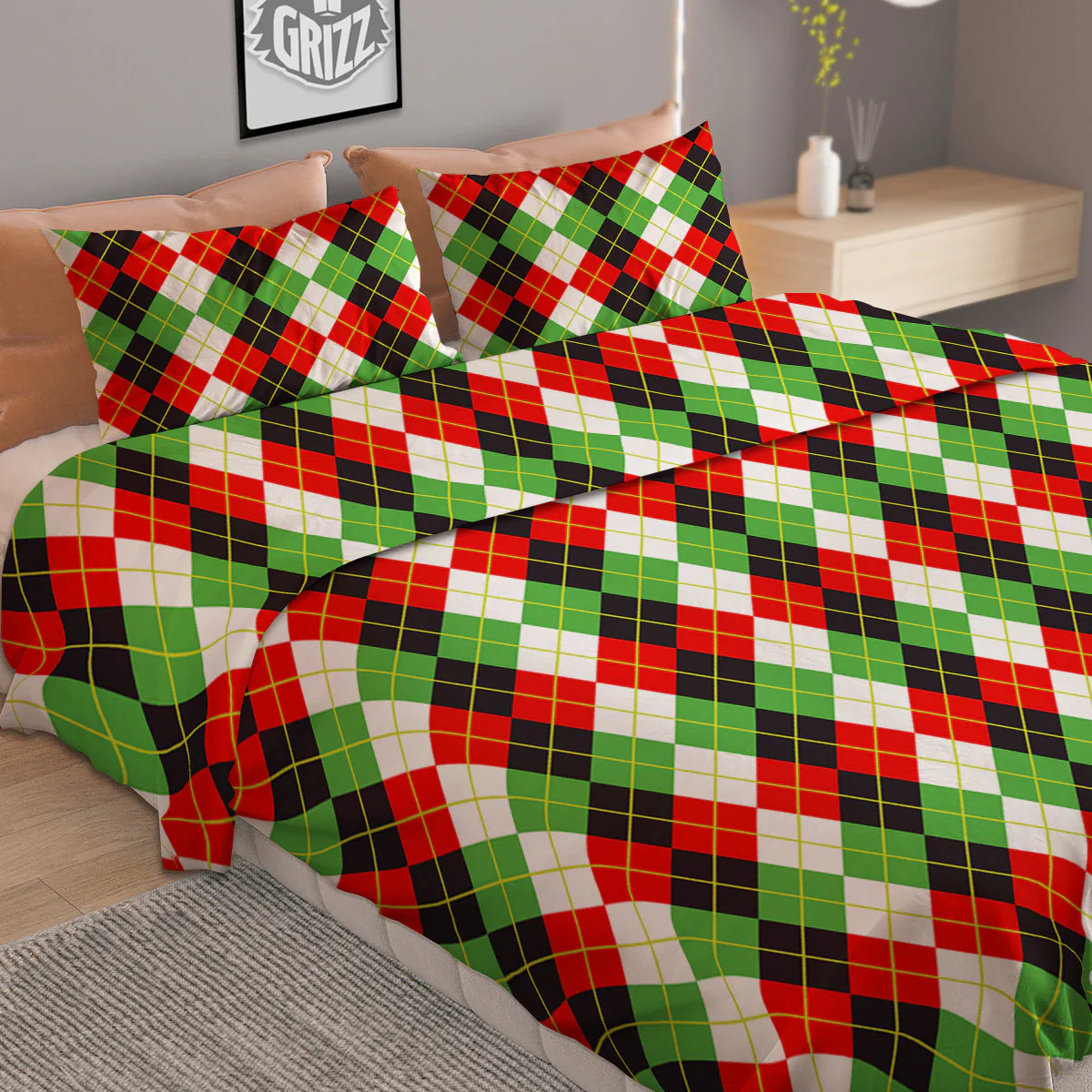 Red White And Green Argyle Print Pattern Duvet Cover Bedding Set - Image 2
