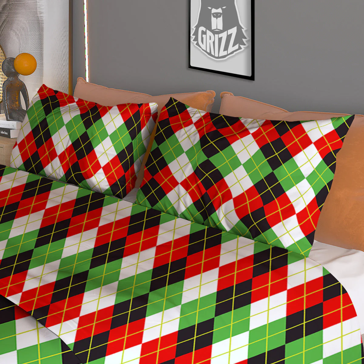 Red White And Green Argyle Print Pattern Duvet Cover Bedding Set - Image 3