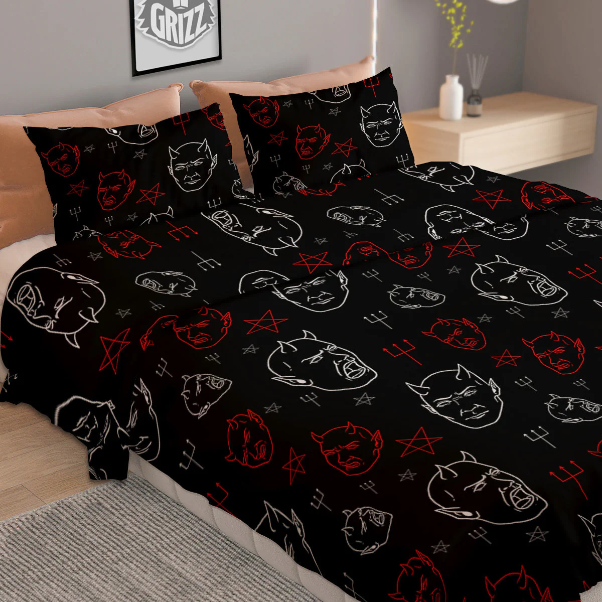 Red White Satan Head Print Pattern Duvet Cover Bedding Set - Image 2