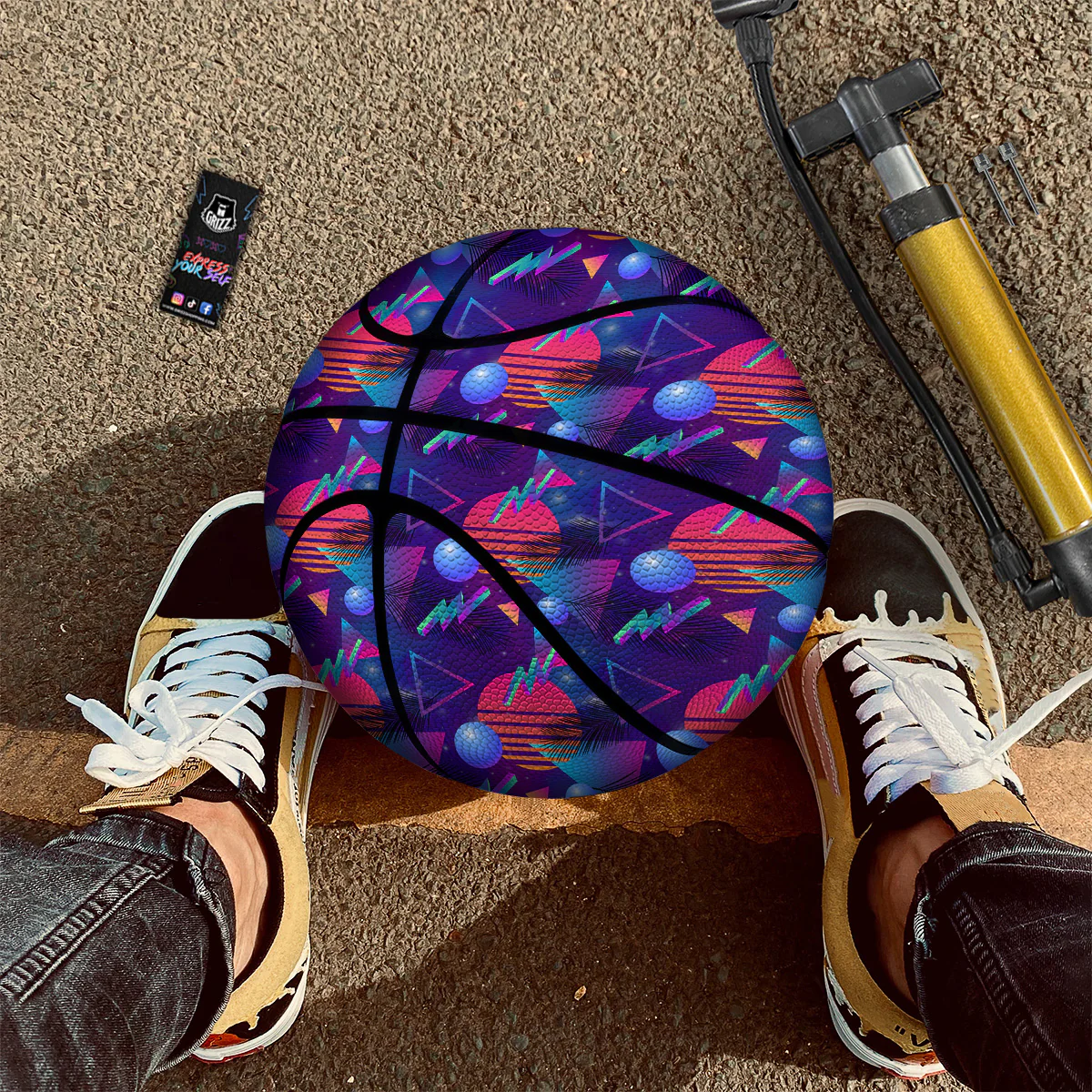 Retro Futuristic Neon Theme Print Pattern Basketball - Image 2