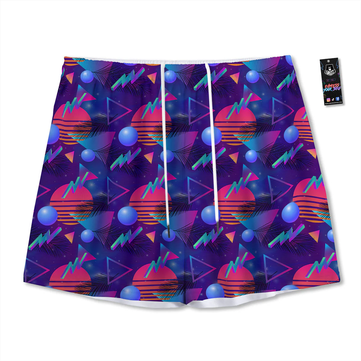 Retro Futuristic Neon Theme Print Pattern Mesh Shorts