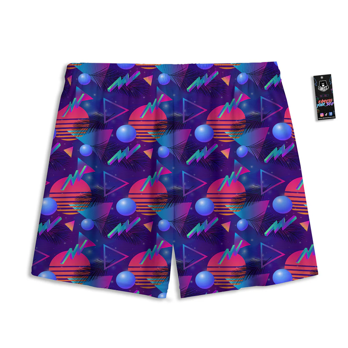 Retro Futuristic Neon Theme Print Pattern Mesh Shorts - Image 2