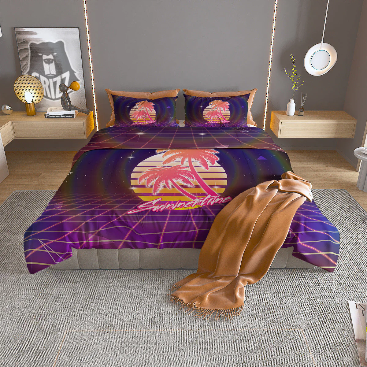 Retro Futuristic Palms Summer Time Print Duvet Cover Bedding Set