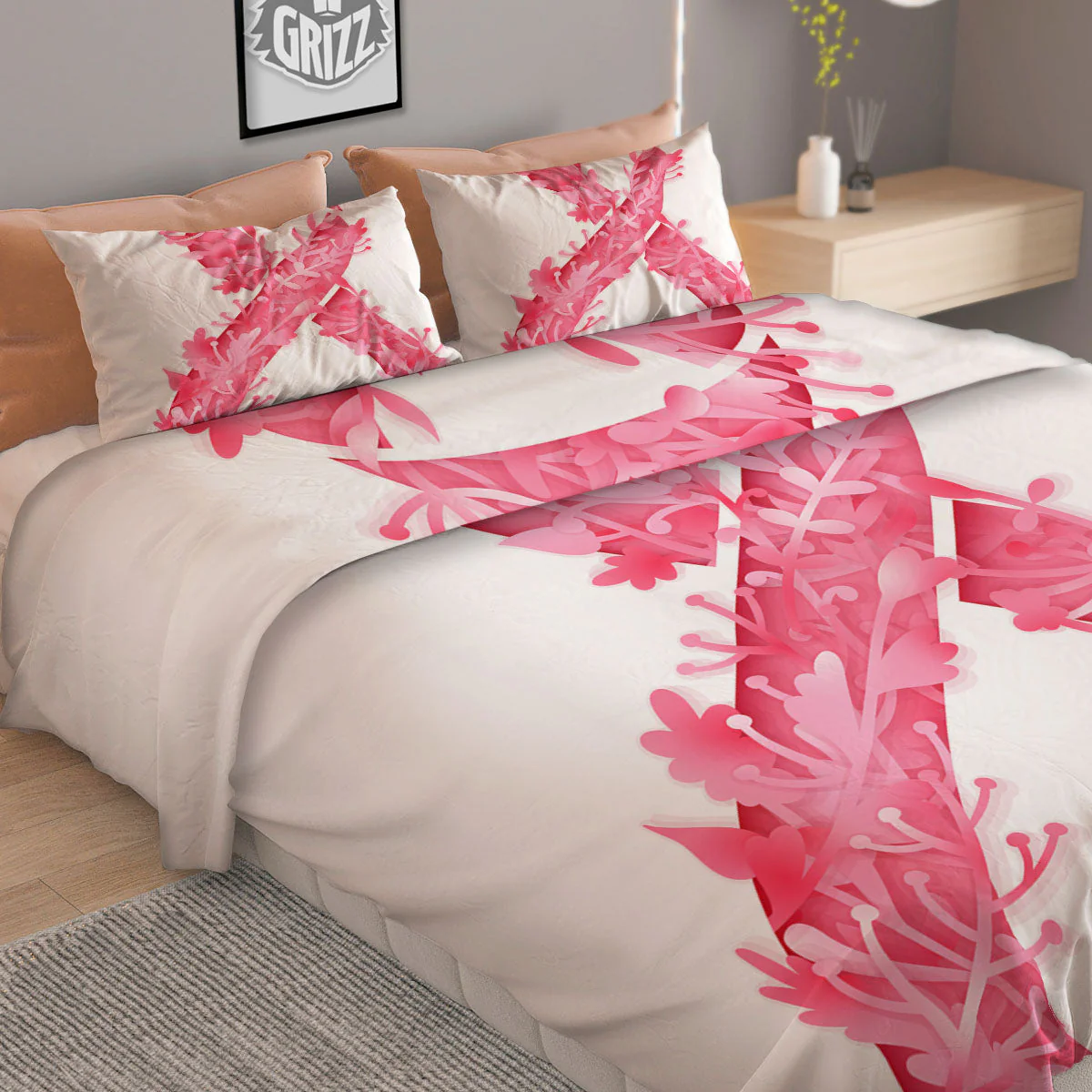 Ribbon Flower Pink Breast Cancer Print Duvet Cover Bedding Set - Image 2