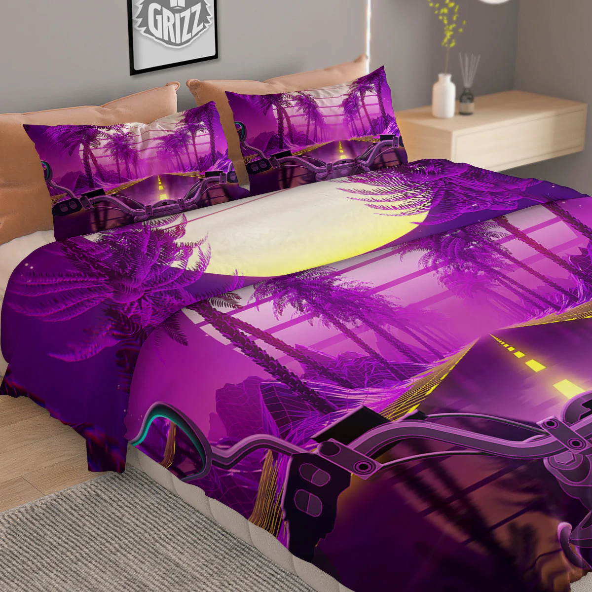 Riding Motorcycle Retro Purple Print Duvet Cover Bedding Set - Image 2