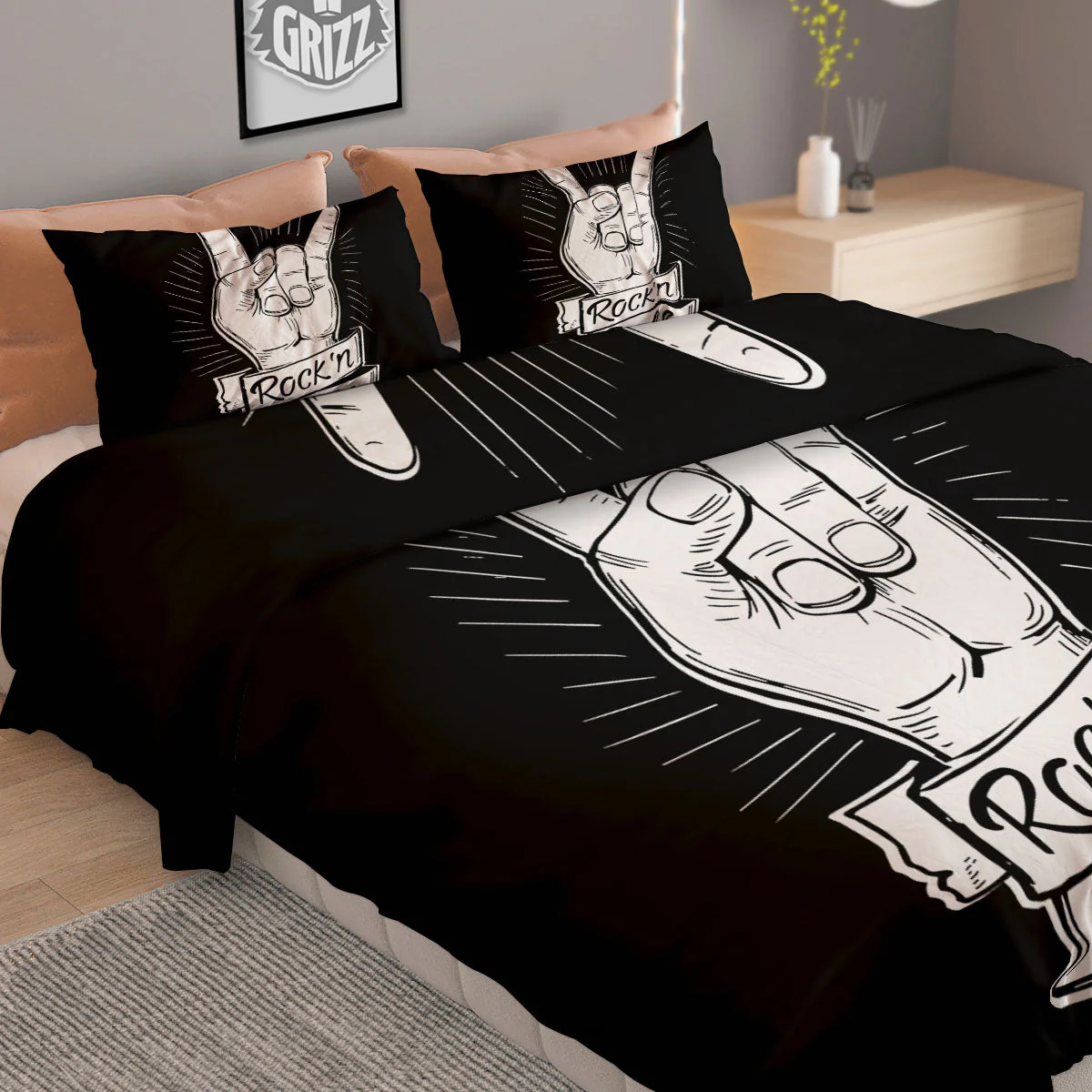 Rock And Roll White And Black Print Duvet Cover Bedding Set - Image 2
