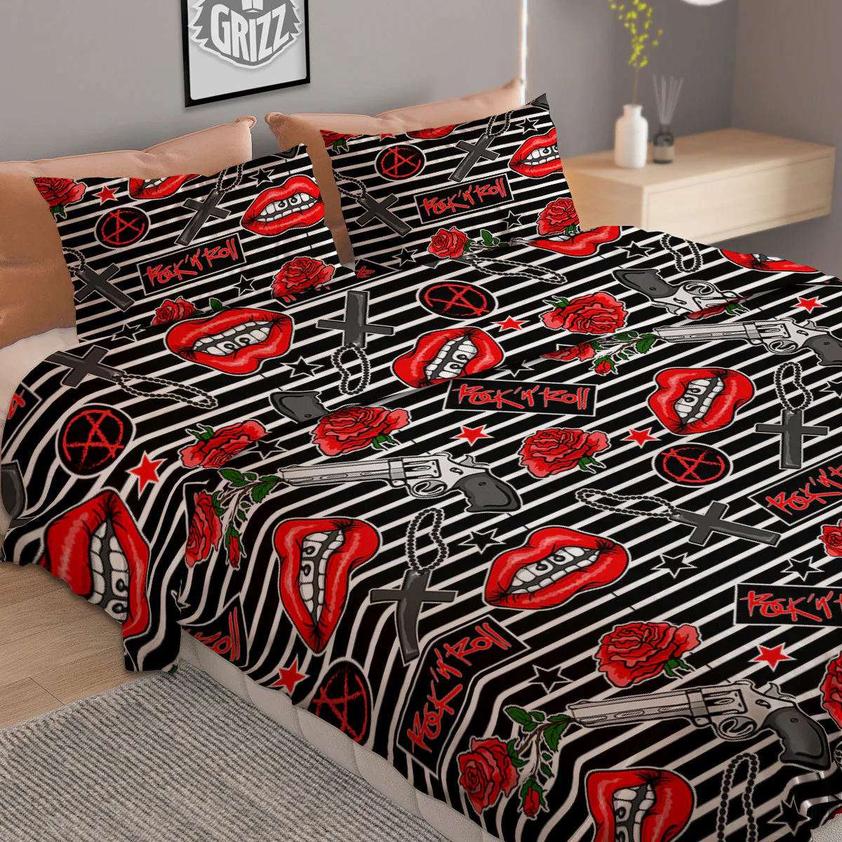 Rock’N’Roll Stiped Black White Print Pattern Duvet Cover Bedding Set - Image 2
