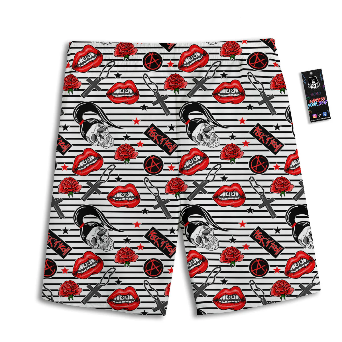 Rock’N’Roll Stiped White Black Print Pattern Men's Athletic Shorts - Image 2
