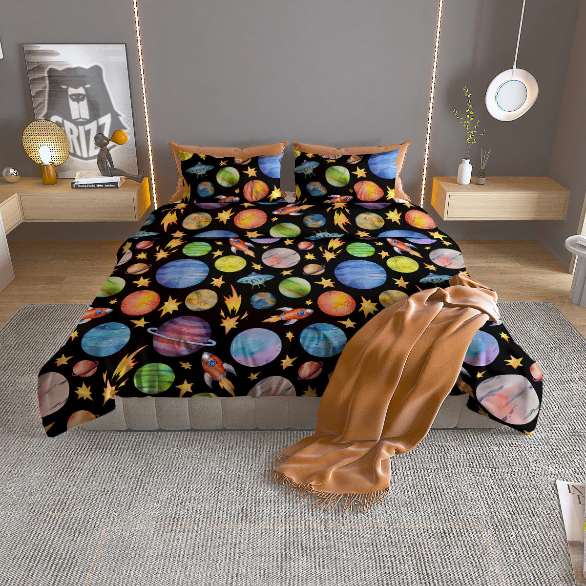 Rocket Watercolor Print Pattern Duvet Cover Bedding Set
