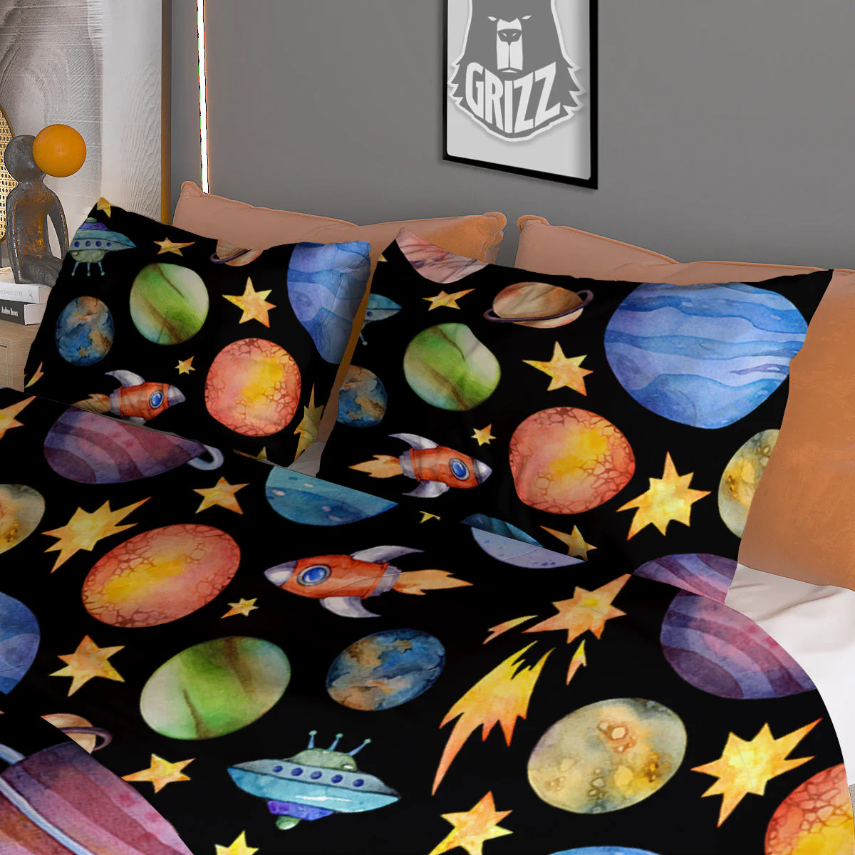 Rocket Watercolor Print Pattern Duvet Cover Bedding Set - Image 3